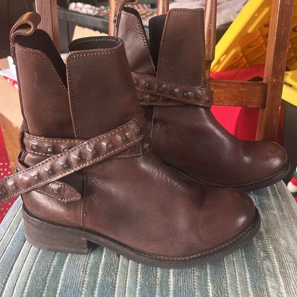 DIESEL ROXY ROLL SASHAN LEATHER BOOTS W STRAPS, DARK BROWN, AUTHENTIC - Picture 3 of 6